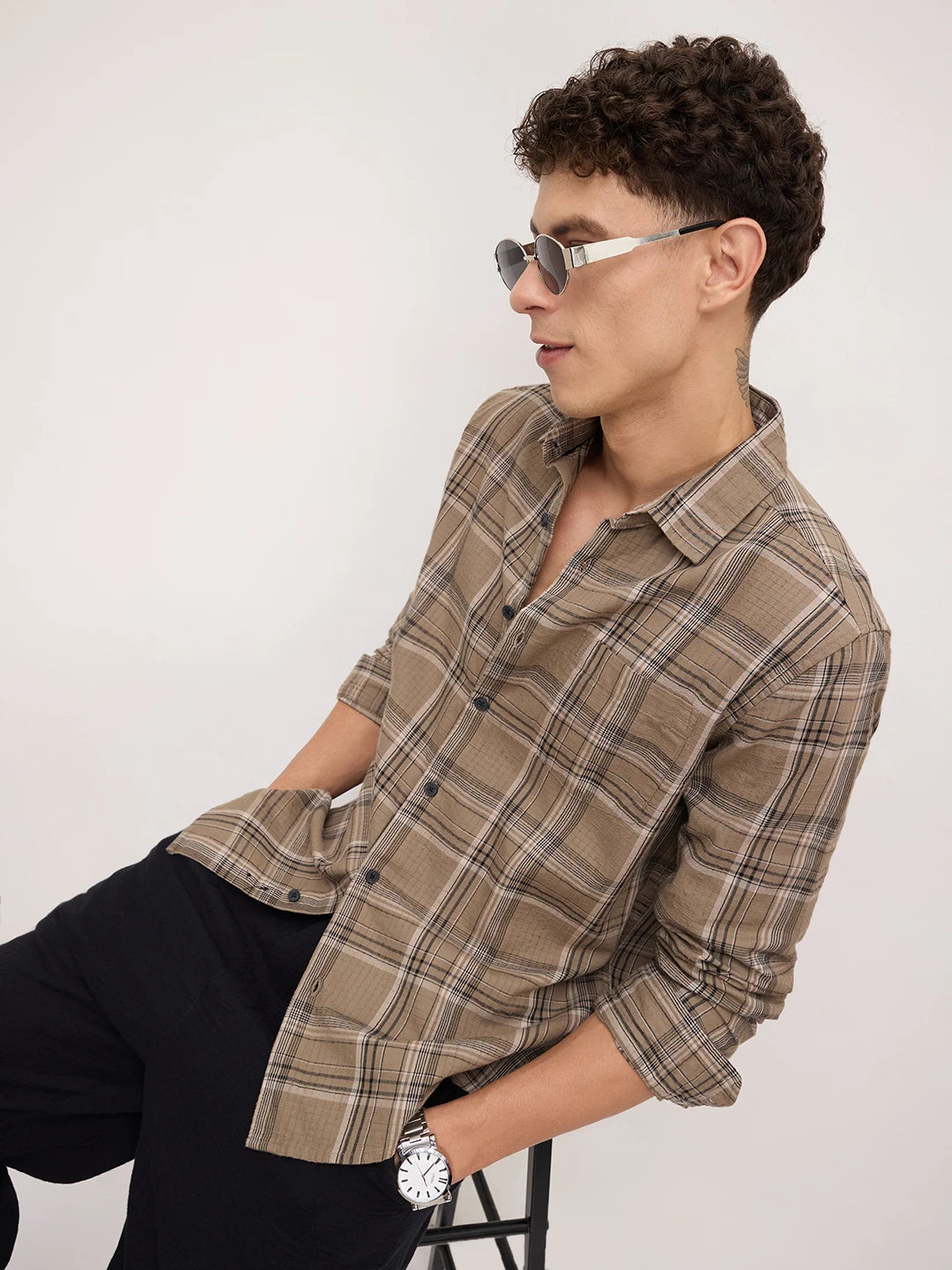 Spiffy Olive & Black Tartan Checks Shirt