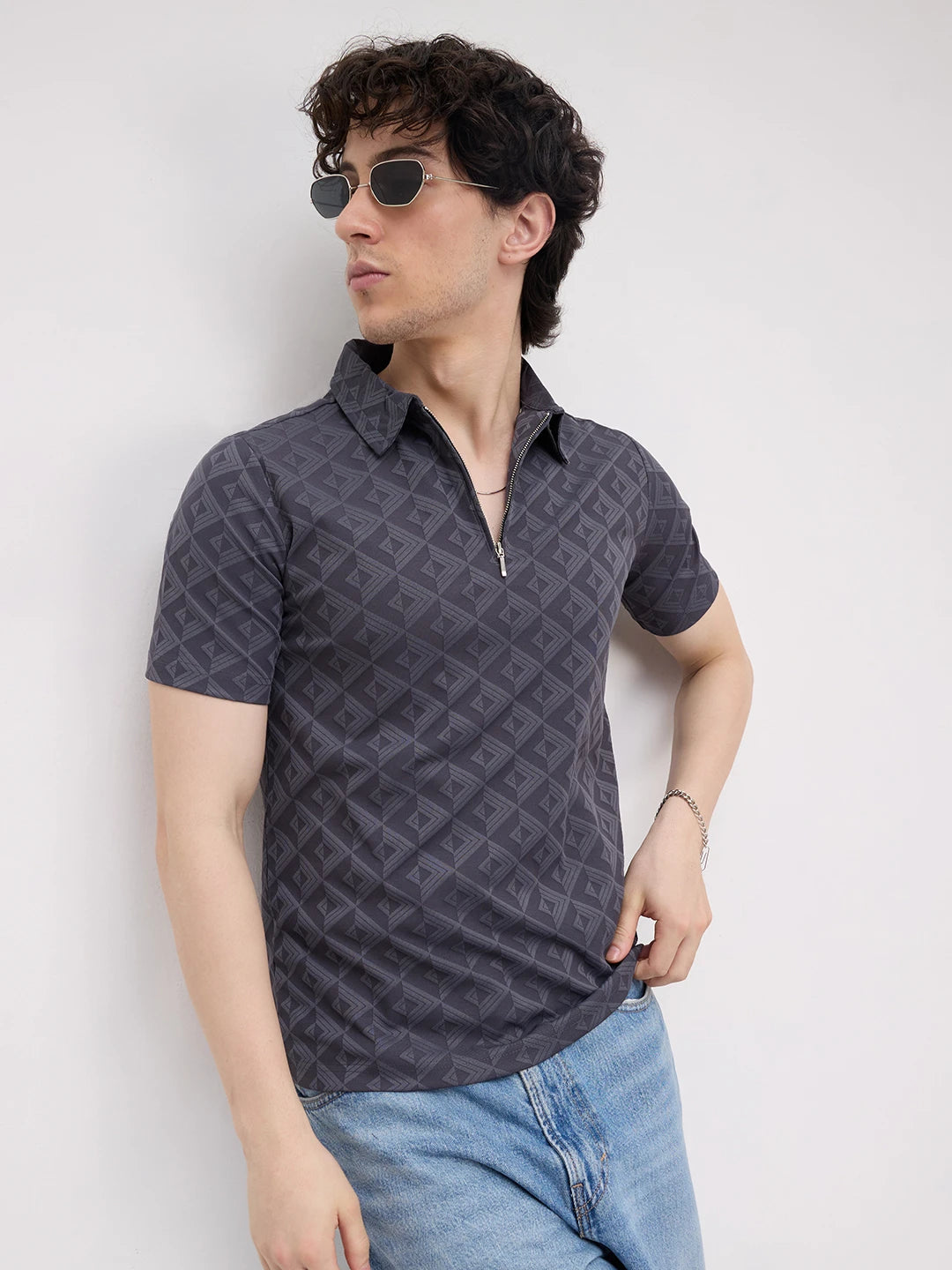 Slate Grey Diamond Embossed Zip Polo Tee