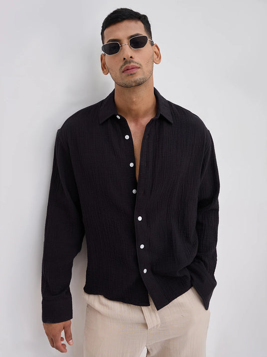 Charming Black Double Cloth Boxy Fit Crop Shirt