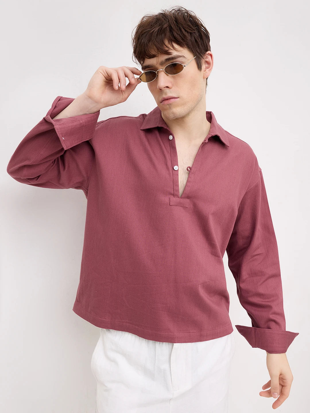 Dusty Rose Diagonal Textured Loop Button Oversized Shirt