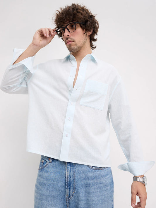 Ice Blue Fine Striped Textured Boxy Fit Crop Shirt