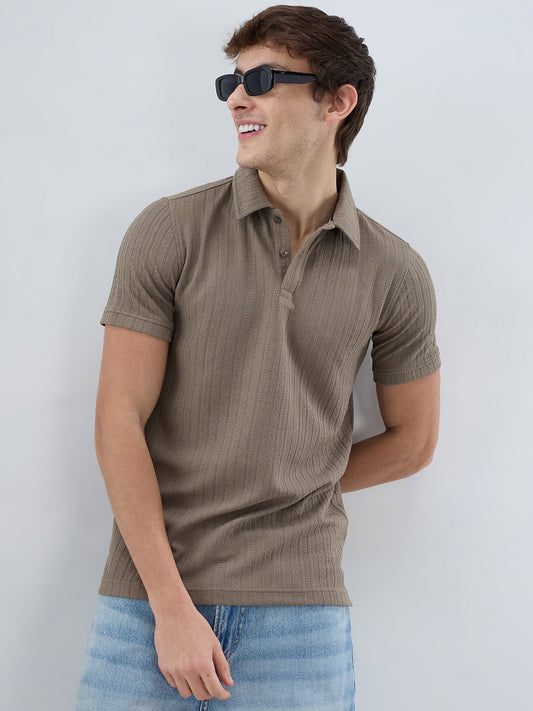 Dusty Beige Polo Neck Knit T-shirt