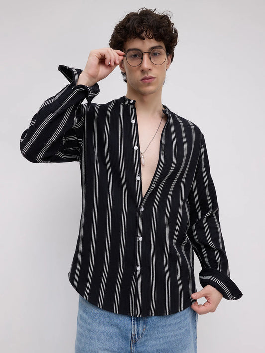 Black & White Vertical Striped Mandarin Shirt