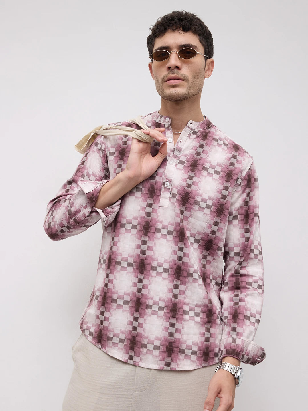 Turkish Rose Pink Pixel Block Checks Kurta
