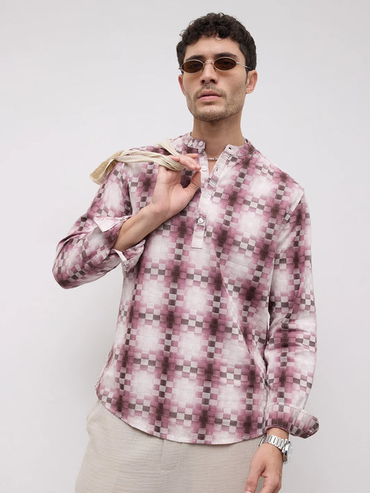 Turkish Rose Pink Pixel Block Checks Kurta