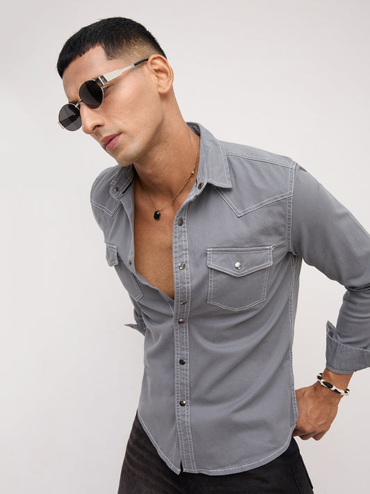 Slate Grey Contrast Stitch Twin Pocket Overshirt