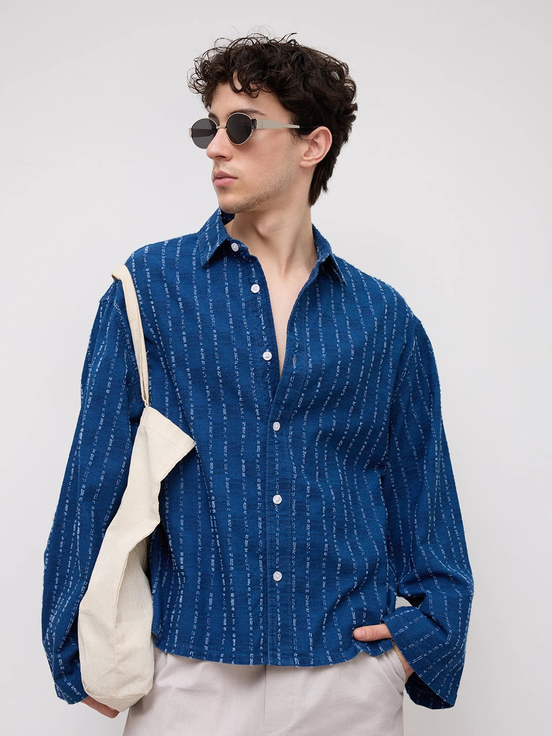Luxe Denim Fine Textured Cuffless Oversized Crop Shirt