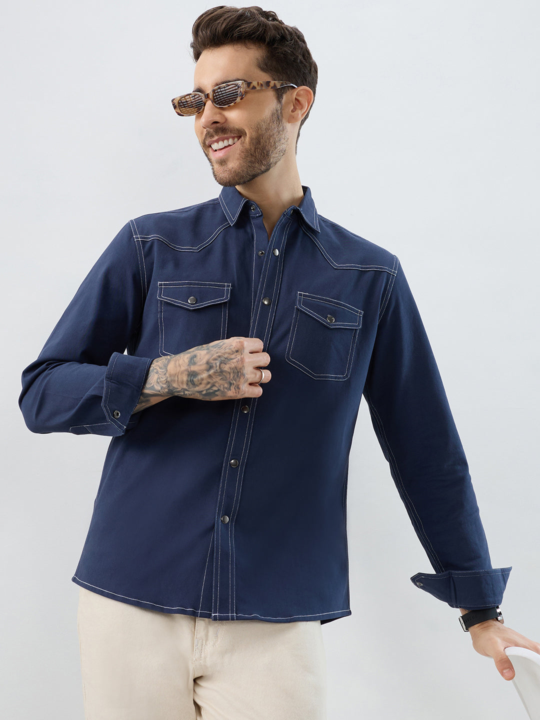 Spruce Blue Contrast Stitch Double Pocket Overshirt
