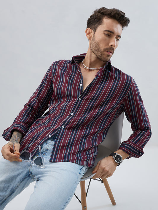 Premium Cotton Maroon & Navy Balanced Striped Shirt