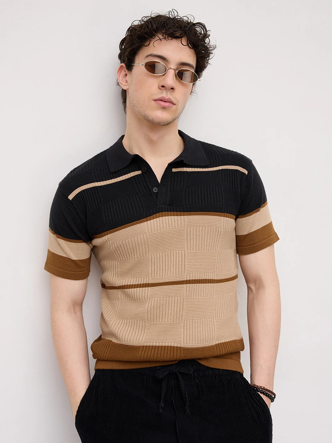 Sandstone Geometric Textured Knit Polo T-Shirt