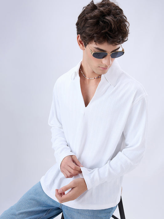Snow White Micro Weave Knitted Oversized Polo Shirt