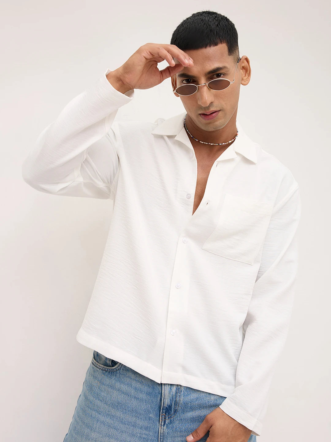 Pearl White Crinkled Notch Collar Oversized Shirt