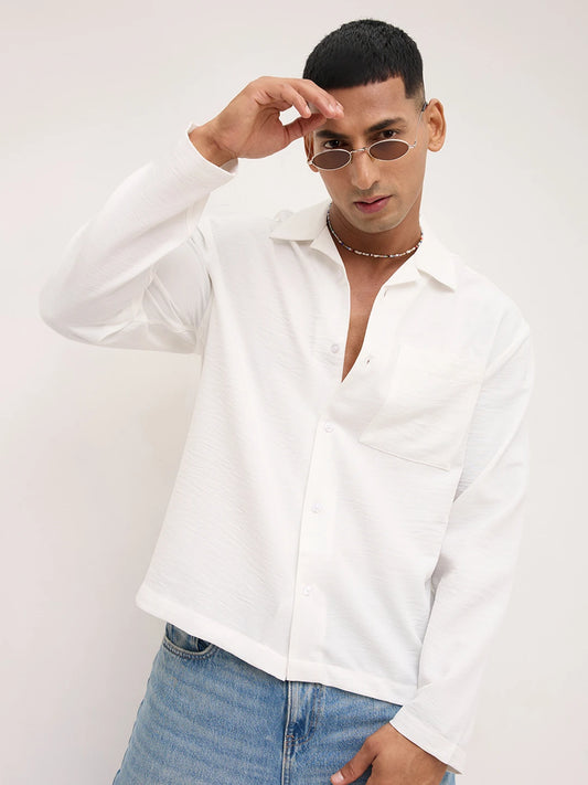 Pearl White Crinkled Notch Collar Oversized Shirt