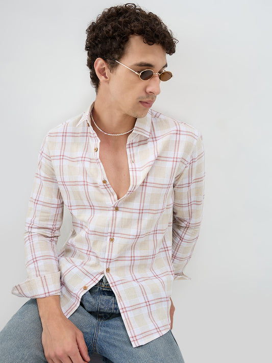 Sand Beige Windowpane Checks Linen Blend Shirt