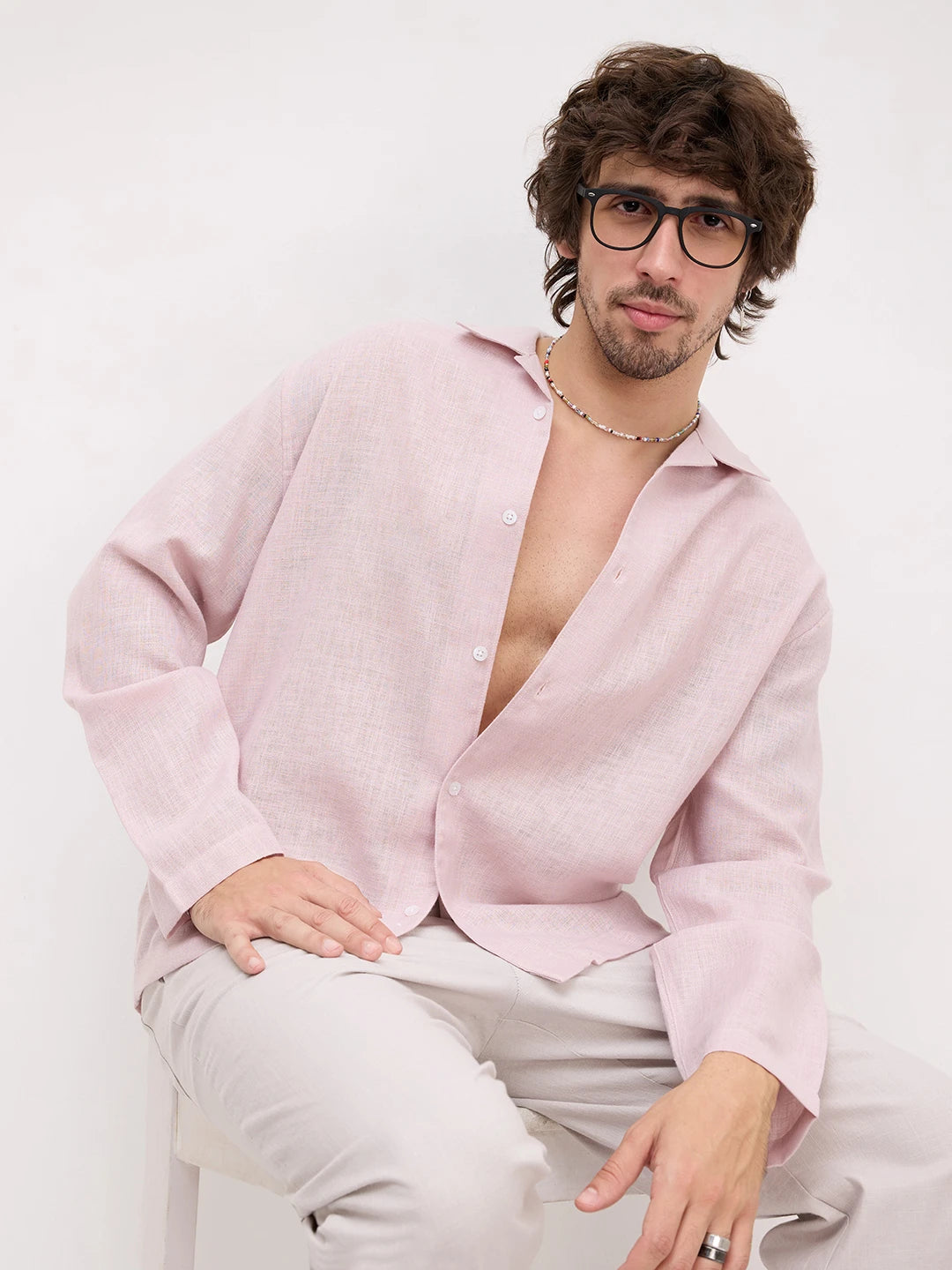 Blush Pink Fine Textured Notch Collar Oversized Shirt