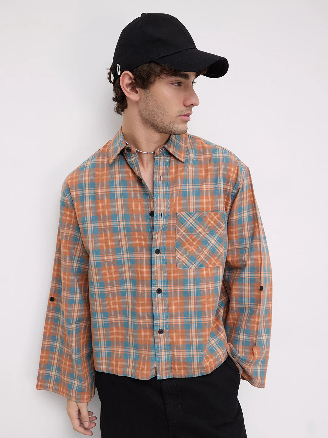 Warm Denim Clay Plaid Checks Cuffless Oversized Crop Shirt
