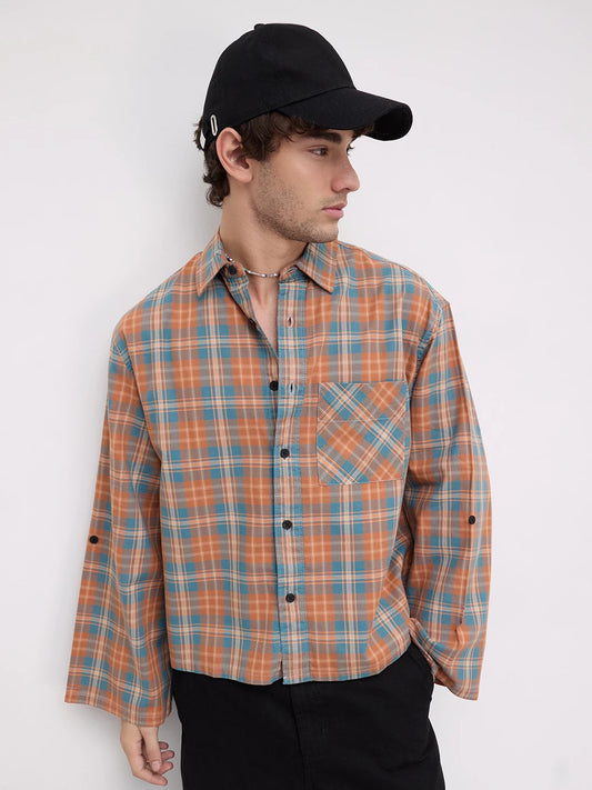 Warm Denim Clay Plaid Checks Cuffless Oversized Crop Shirt