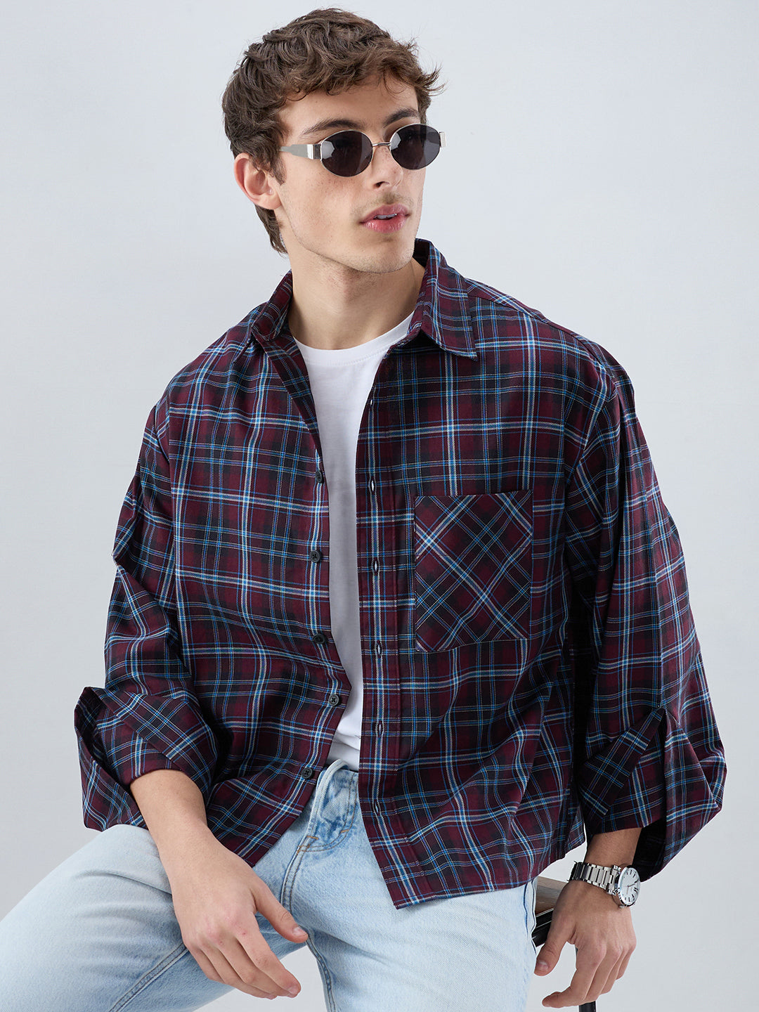 Brown & Blue Plaid Checks Cuffless Oversized Crop Shirt