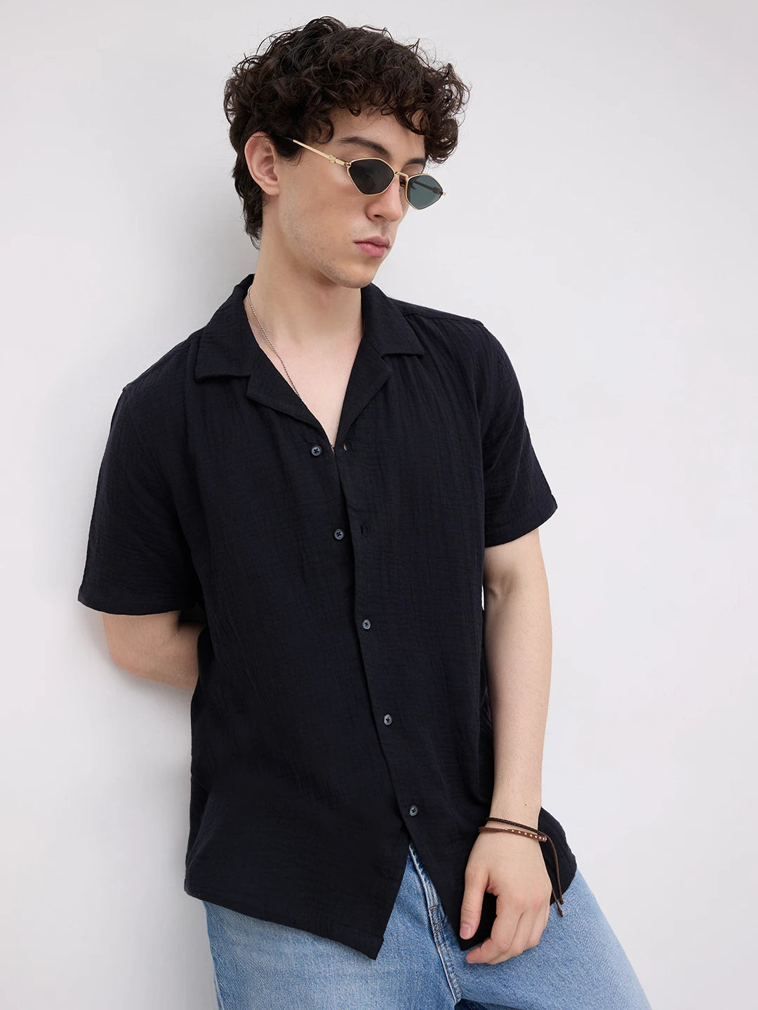 Black Double Cloth Notch Collar Oversized Shirt
