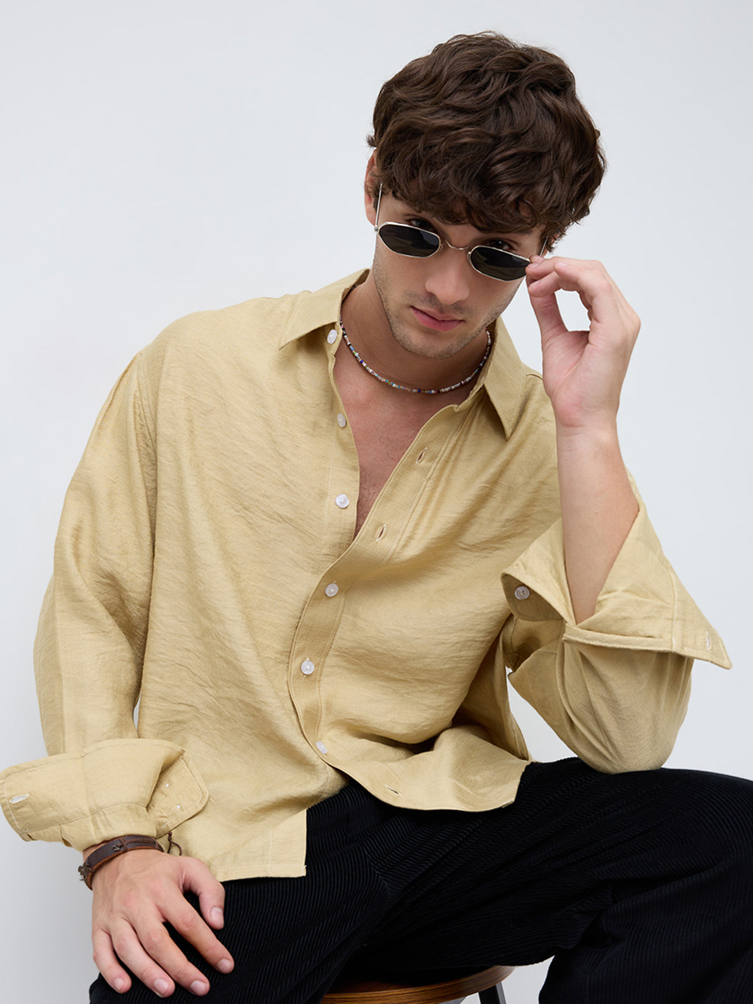 Dessert Gold Textured Boxy Fit Crop Shirt