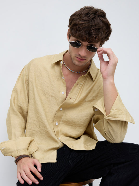 Dessert Gold Textured Boxy Fit Crop Shirt