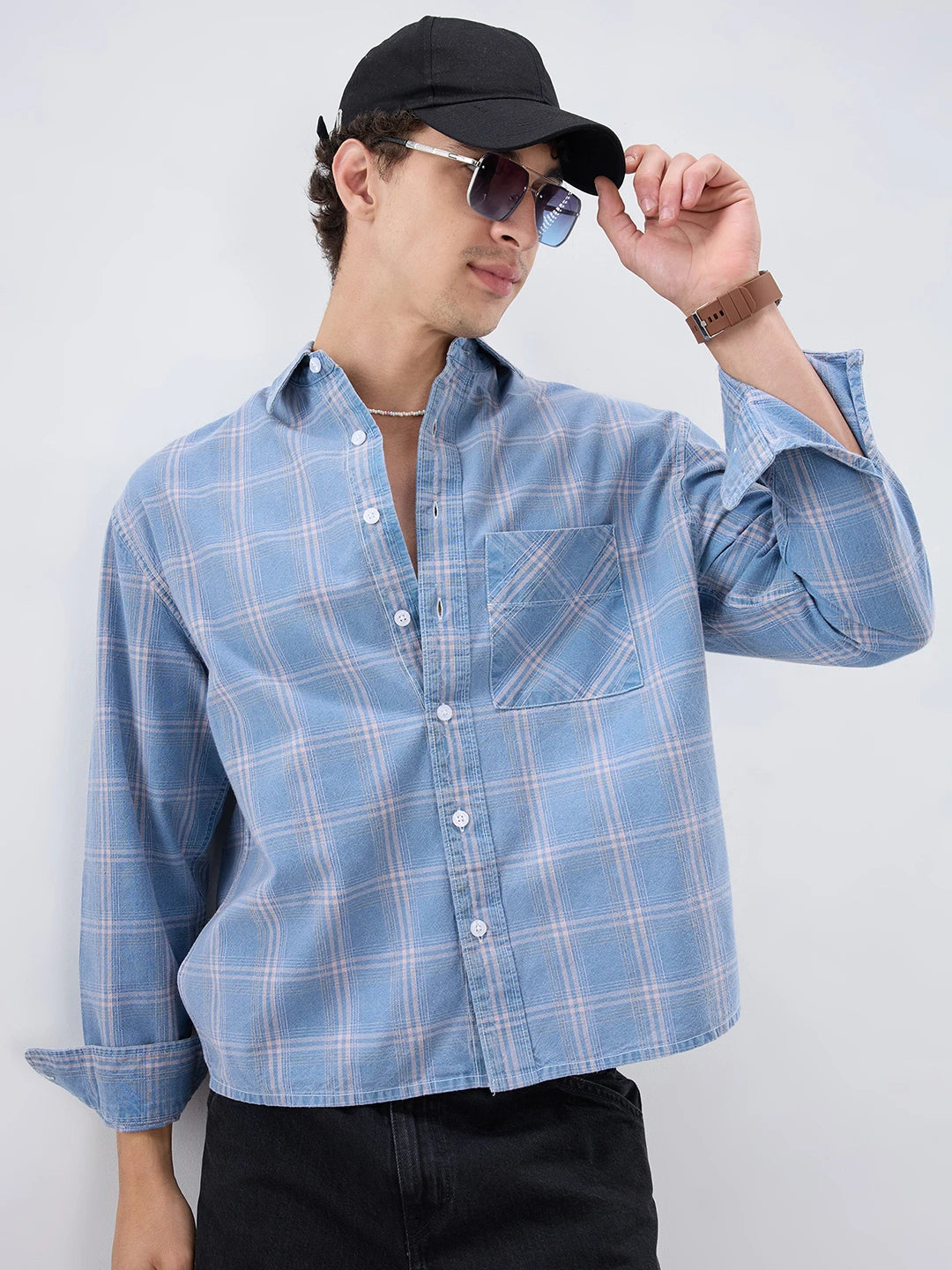 Denim Blue Multi Line Plaid Checks Boxy Fit Shirt