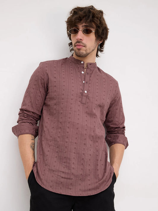 Iconic Rosewood Brown Dobby Striped Kurta