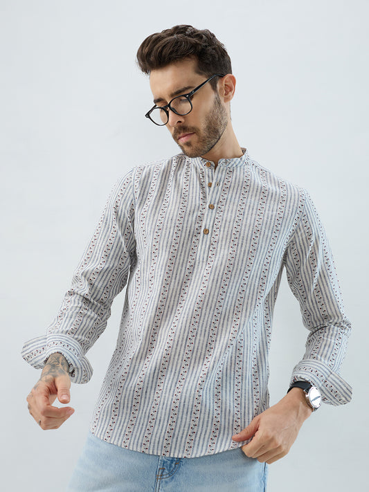 Coastal Mist Linen Blend Striped Kurta