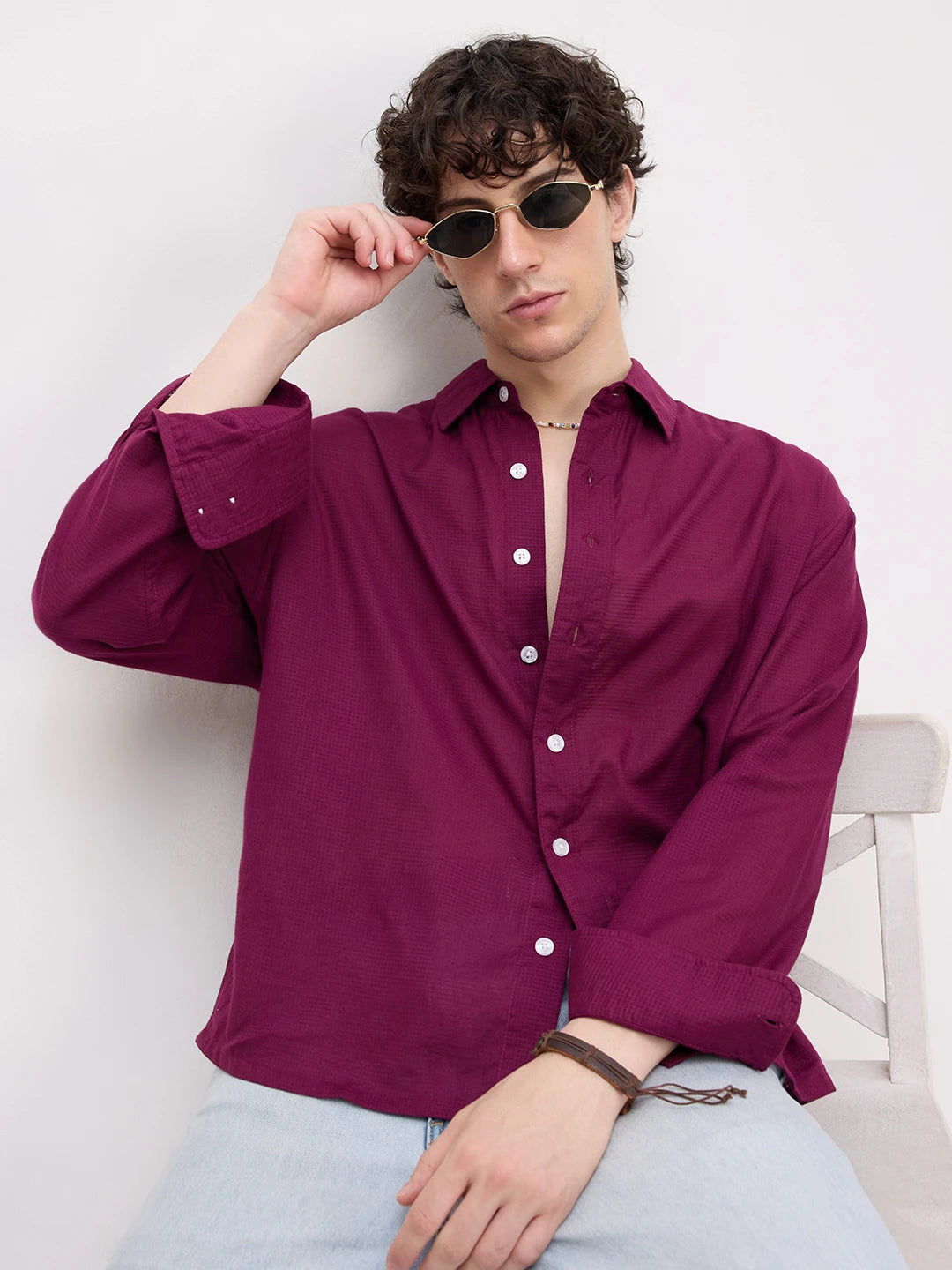 Luxe Maroon Micro Square Textured Boxy Fit Crop Shirt