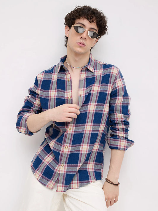 Denim Blue & Red Tartan Checked Shirt