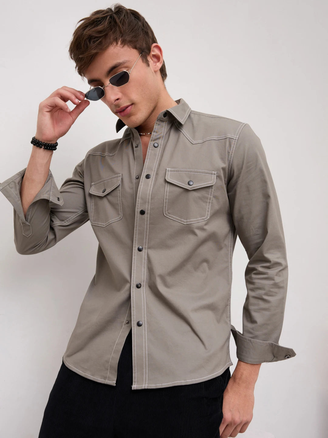 Grey Contrast Stitch Twin Pocket Shirt