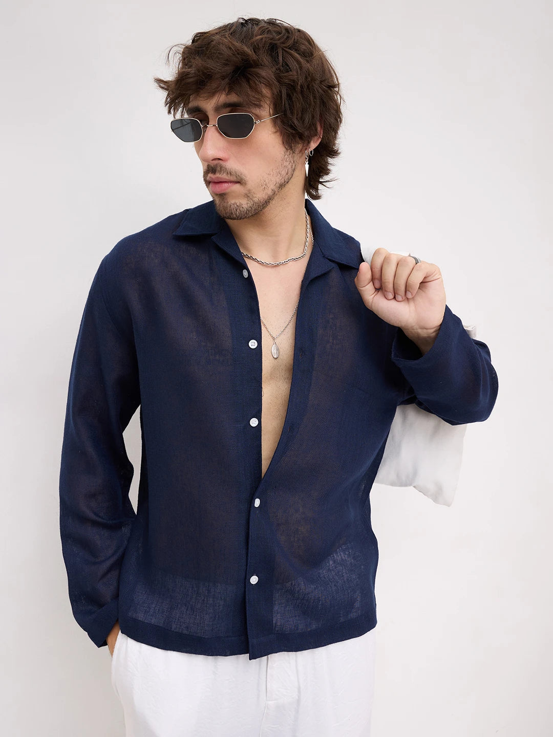 Navy Sheer Textured Notch Collar Oversized Shirt