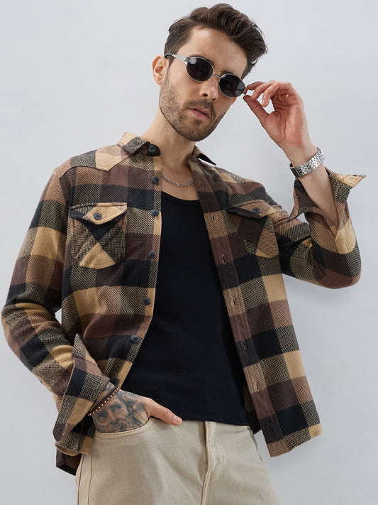 Brown & Black Tartan Checked Double Pocket Flannel