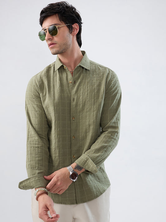 Premium Olive Grid Emboss Double Cloth Textured Shirt