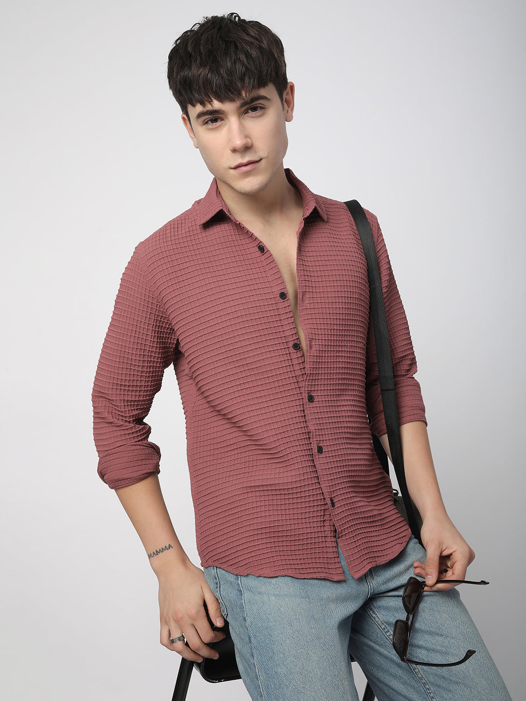 Vintage Maroon Tiny Box Checks Textured Emboss Shirt