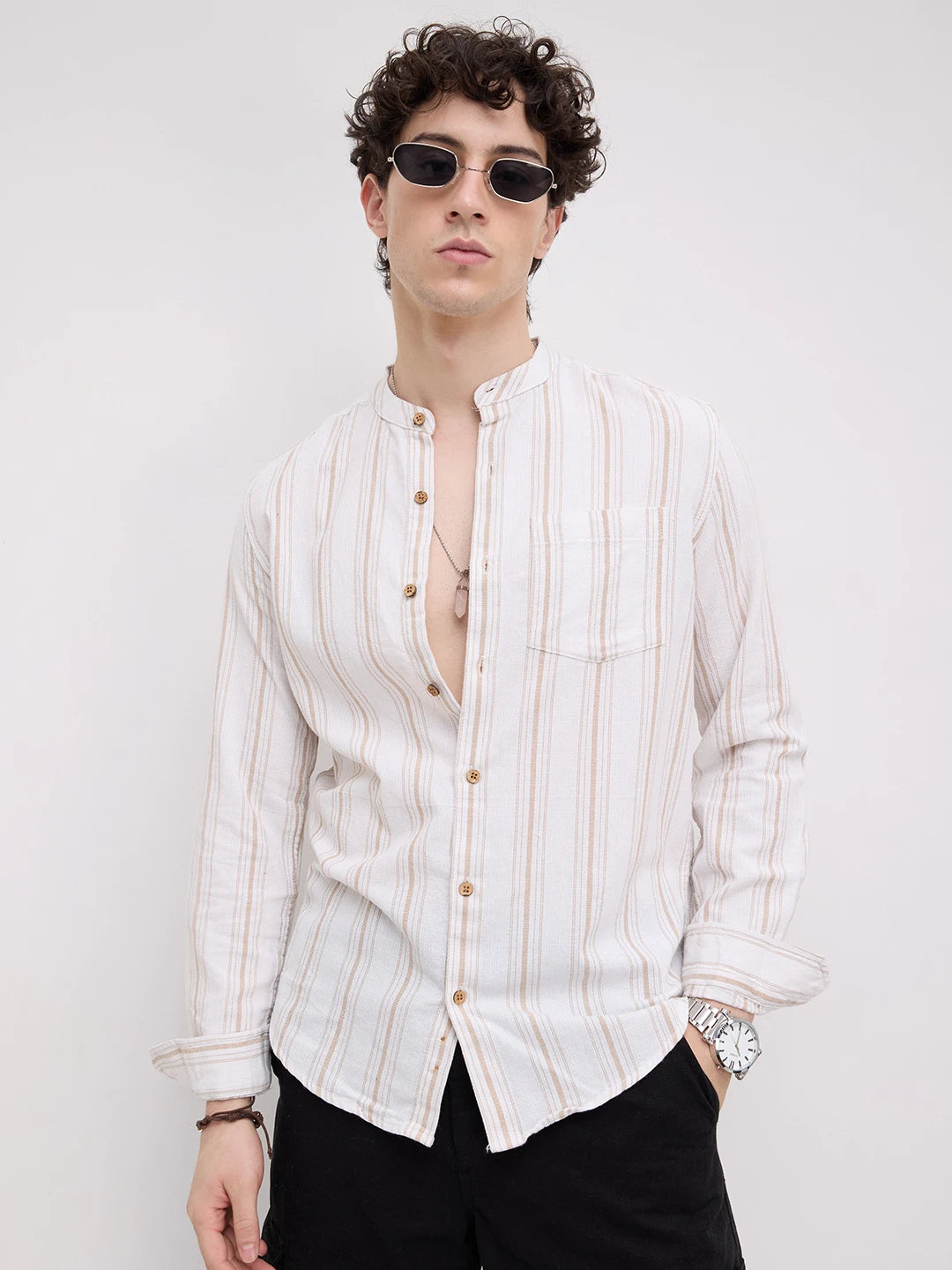 Beige & White Stripes Mandarin Shirt