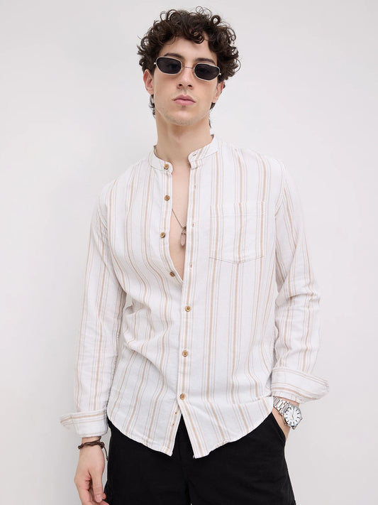 Beige & White Stripes Mandarin Shirt