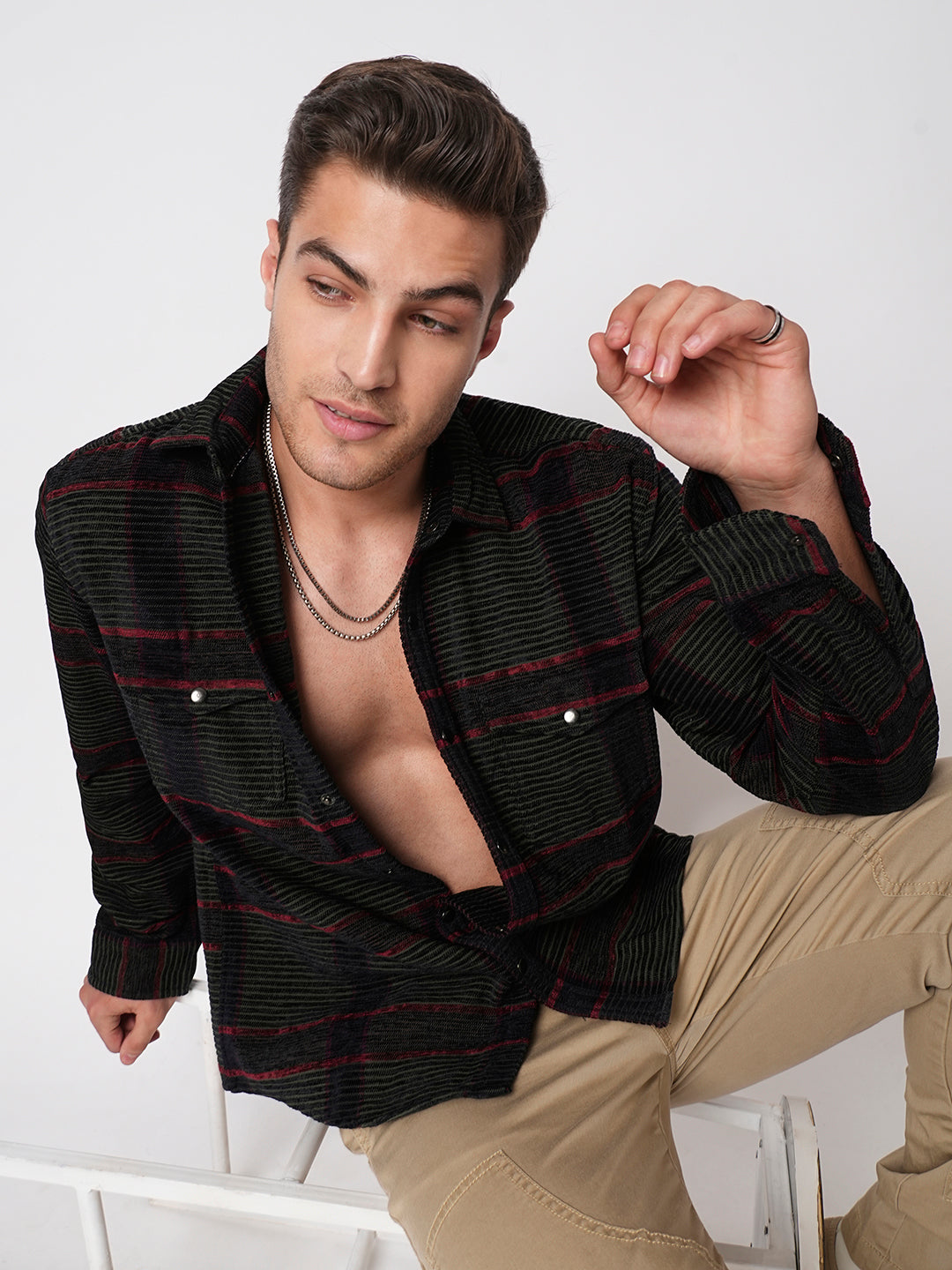 Forest Green Checks Double Flap Pocket Corduroy Shirt