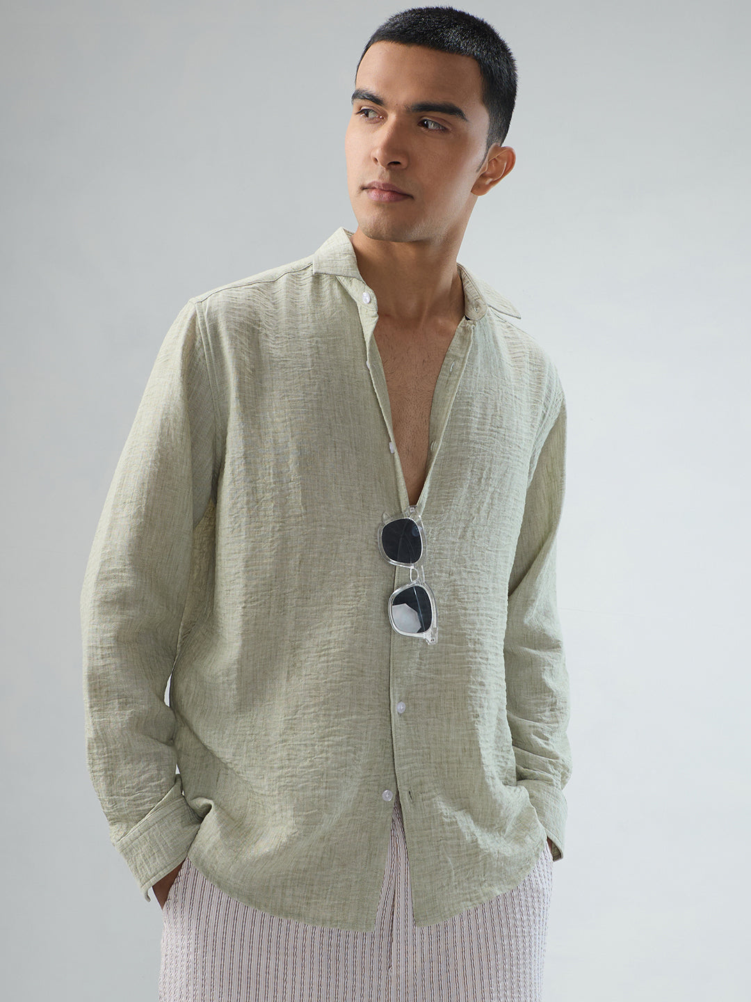 Tea Green Crinkled Textured Shirt
