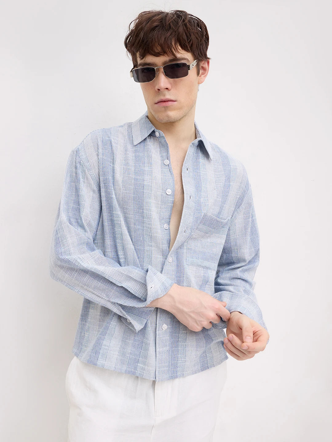 Blue Rhythmic Weave Striped Boxy Fit Crop Shirt