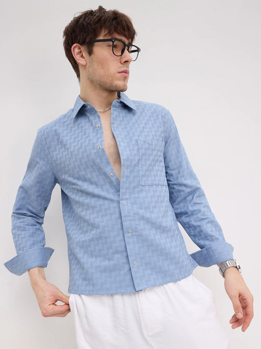 Elevated Blue Maze Textured Straight Hem Crop Shirt