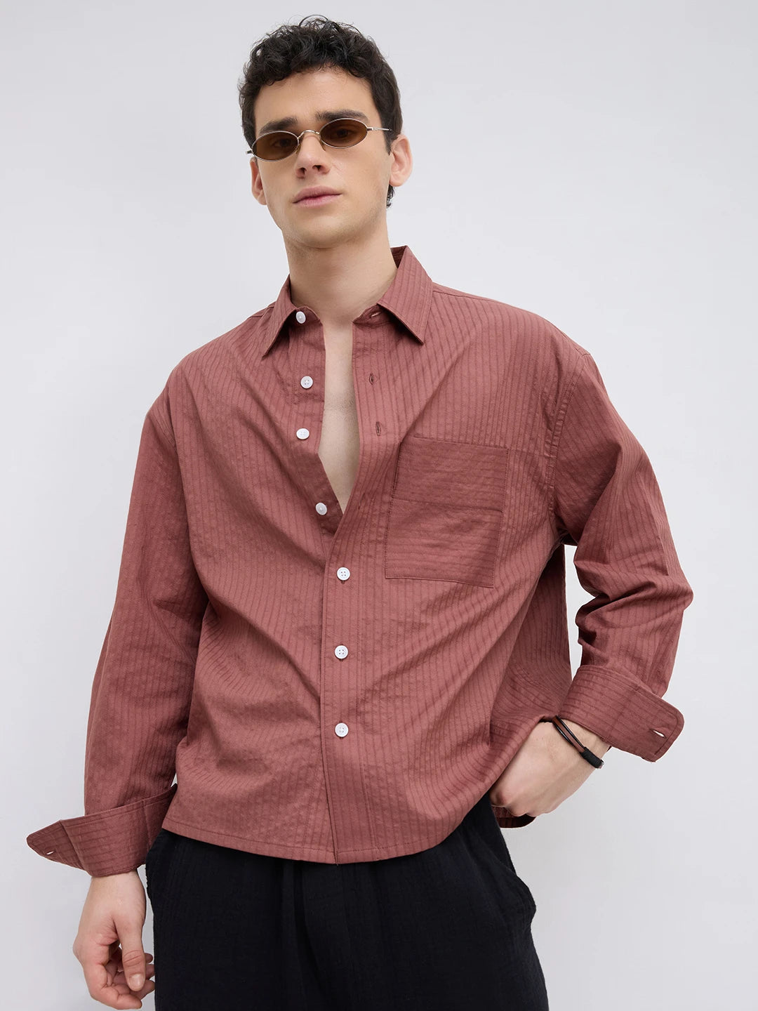 Brick Red Pinstriped Boxy Fit Crop Shirt