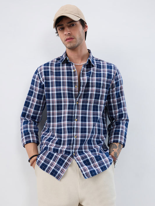 Denim White & Navy Herringbone Plaid Checks Shirt