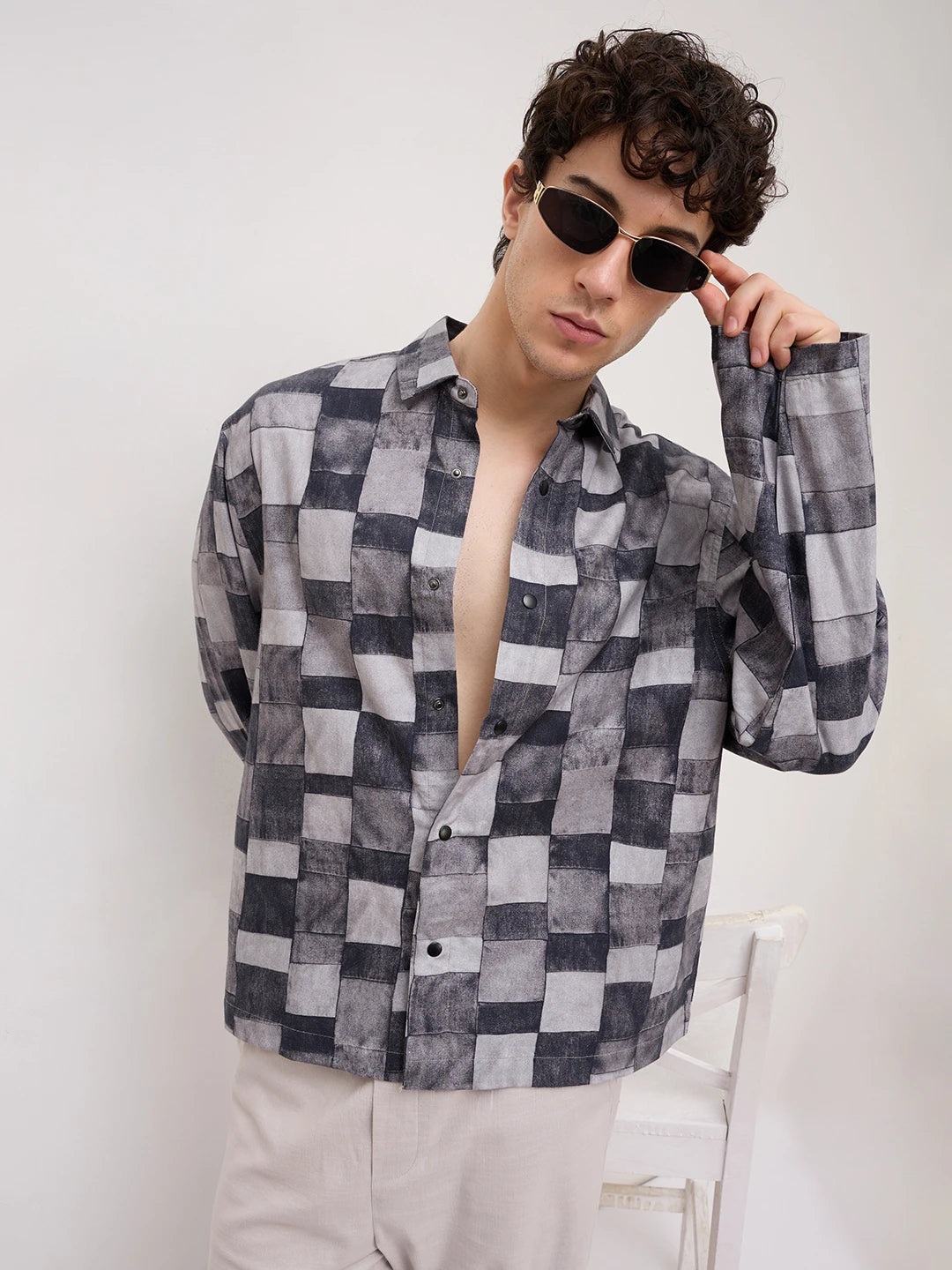 Graphite Grey Abstract Printed Cuffless Oversized Shirt