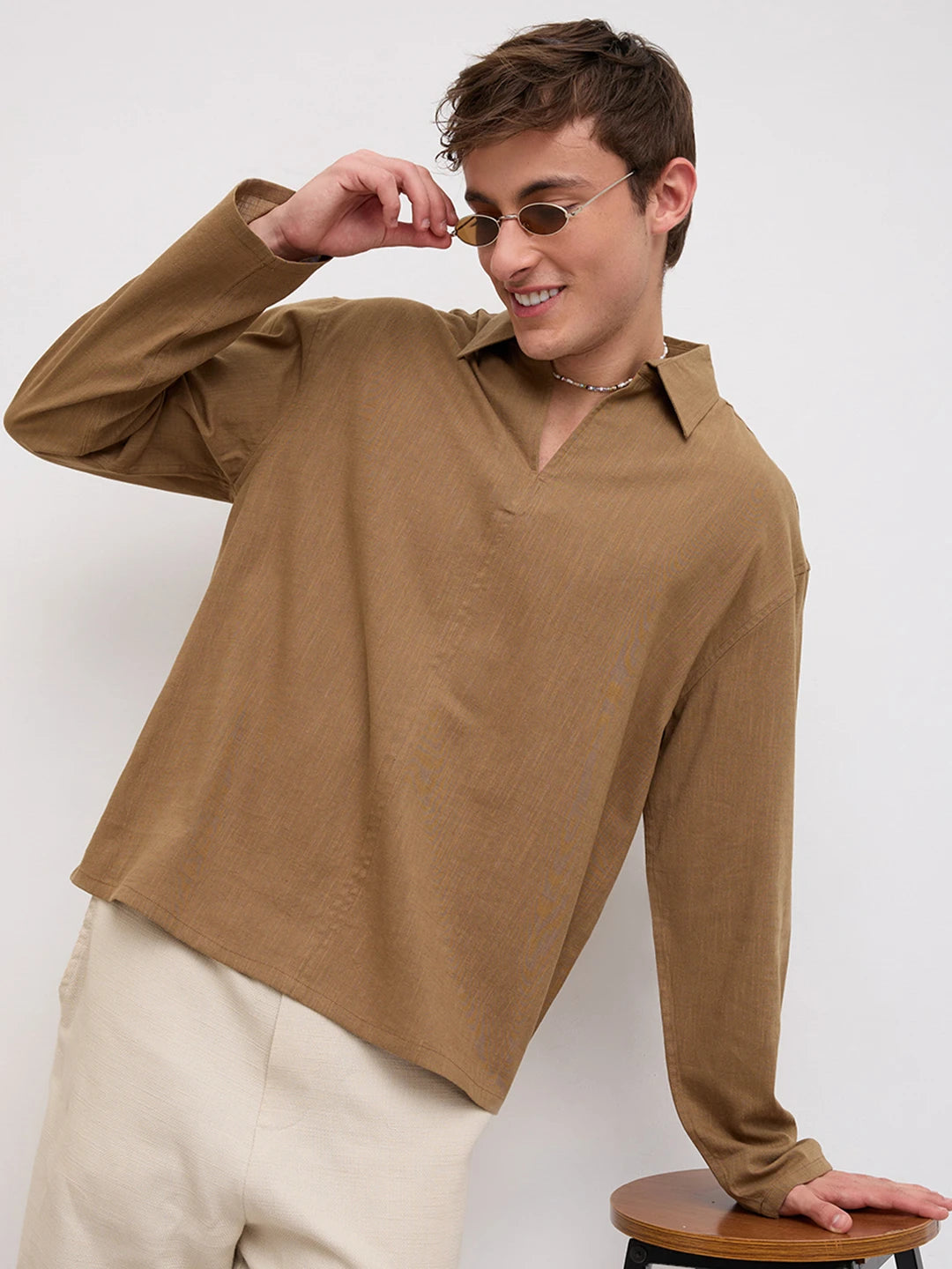 Khaki Slub Textured Center Seam Oversized Polo Shirt