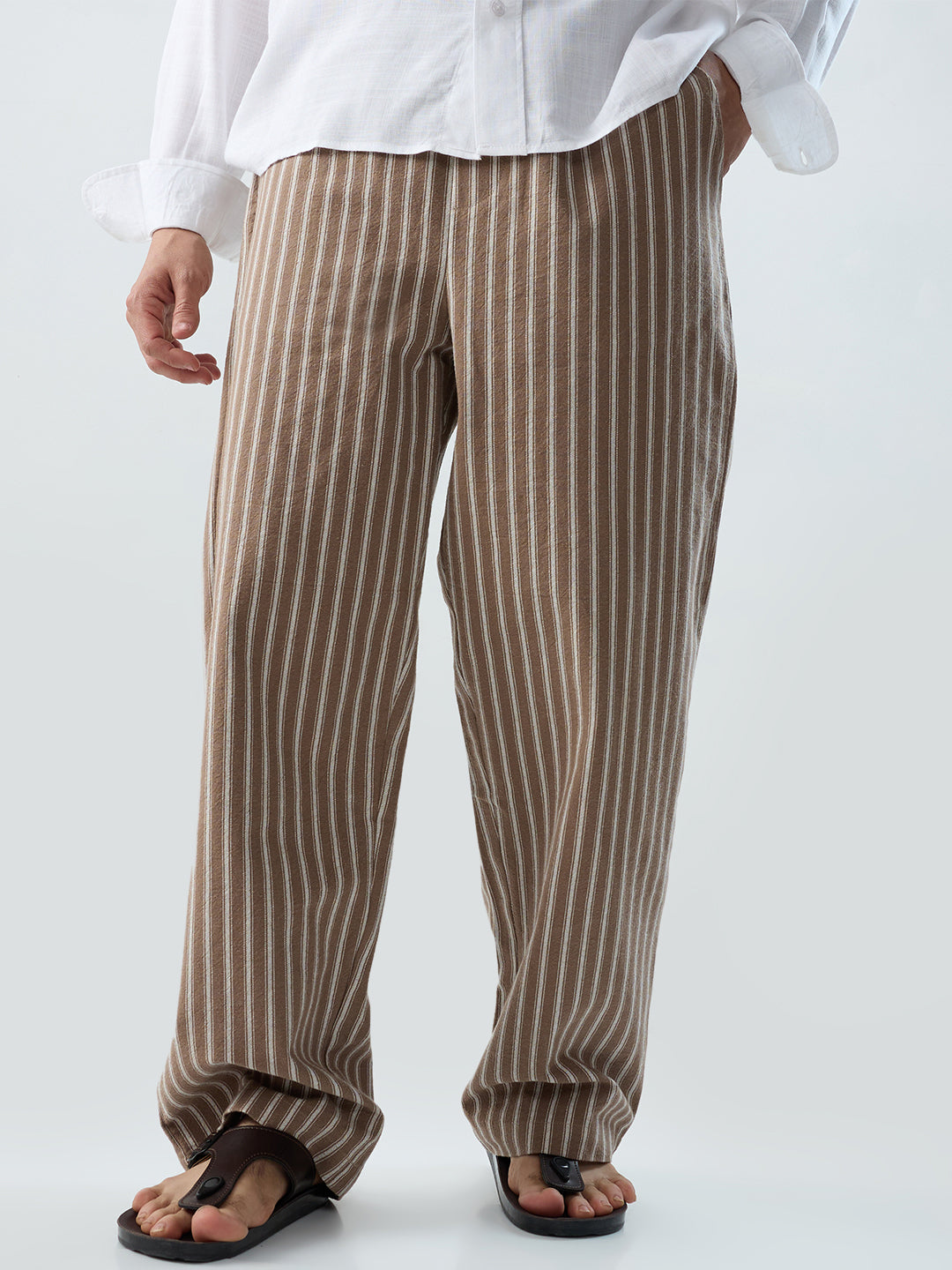 Beachline Brown Vertical Striped Straight-Fit Trousers