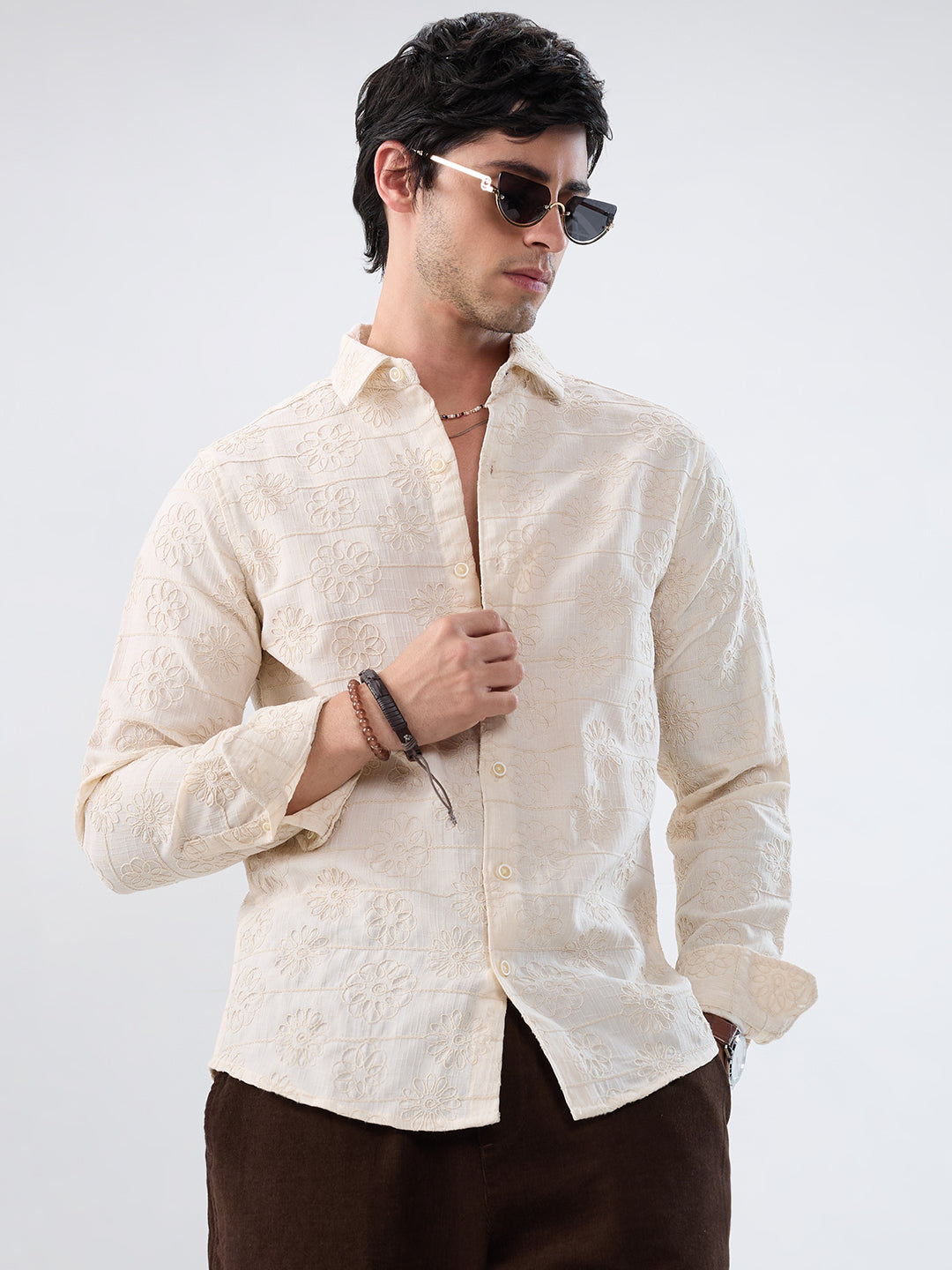 Serene Whispering Bloom Beige Embroidered Shirt