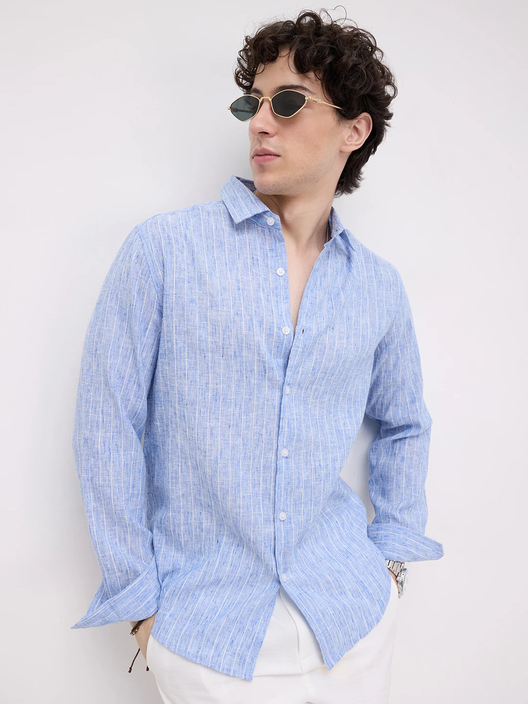 Trendy Blue Melange Vertical Striped Shirt