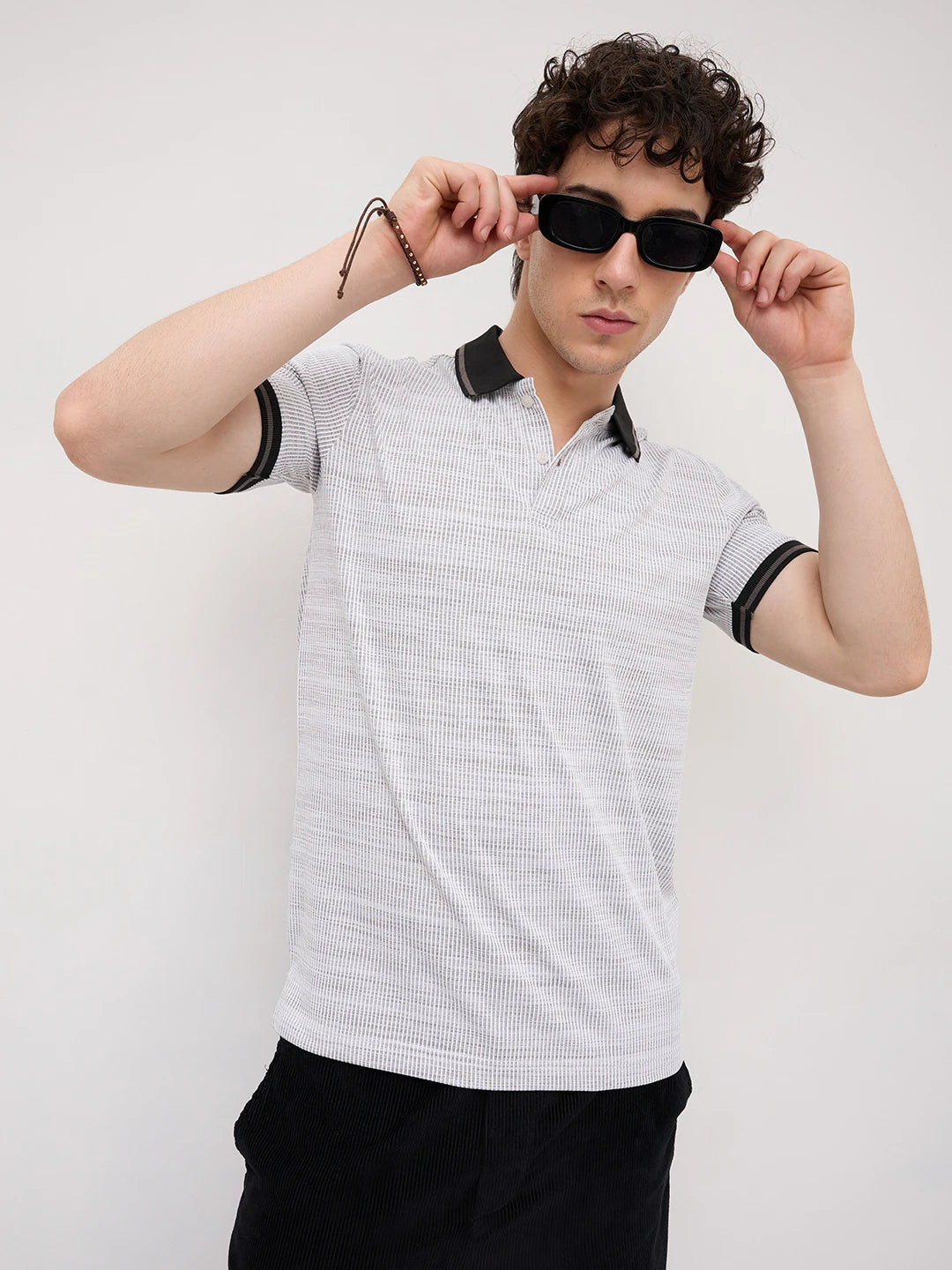 White Stripe Textured Contrast Polo Knit T-Shirt