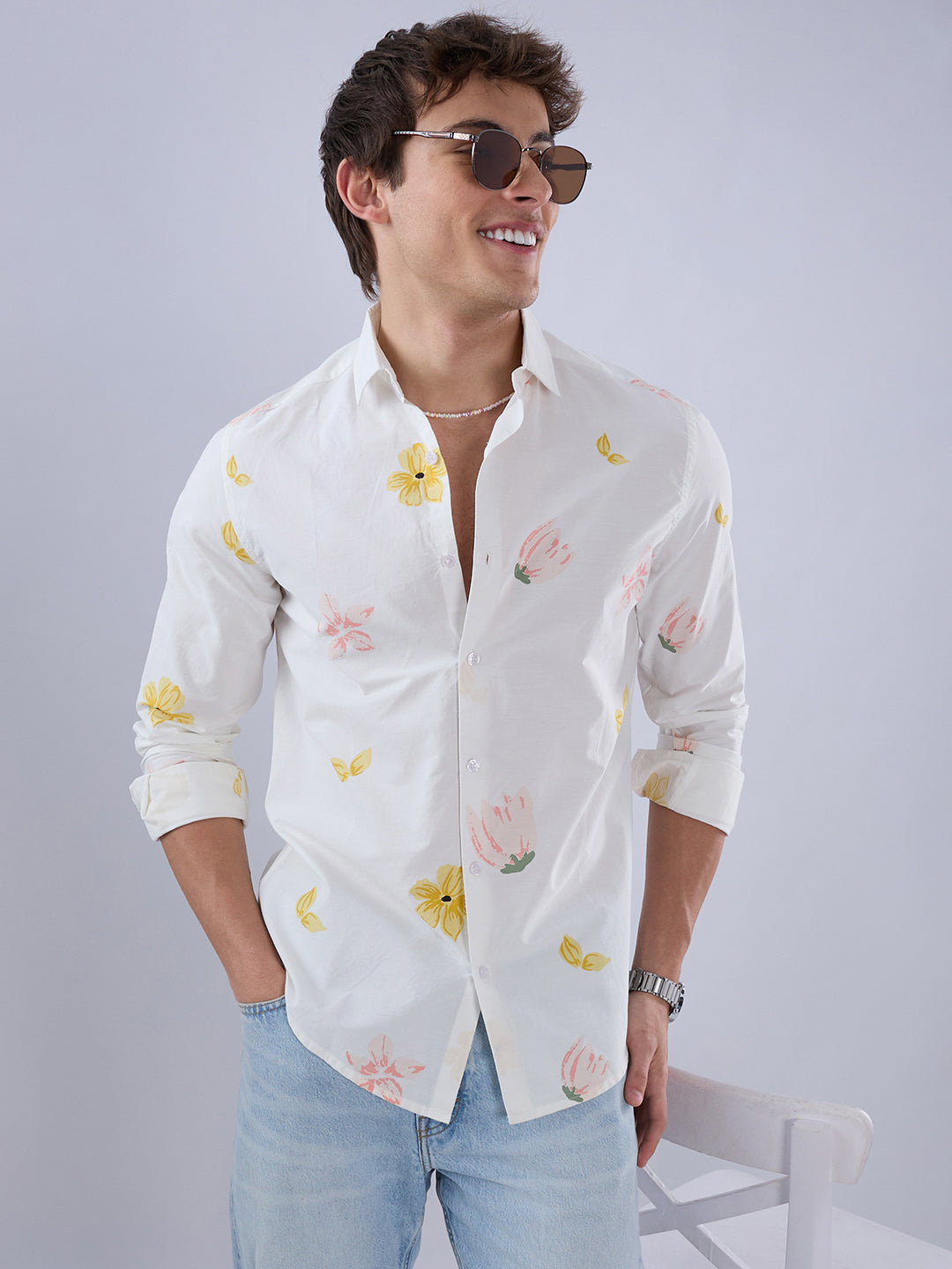 White Tulips Printed Vacation Shirt